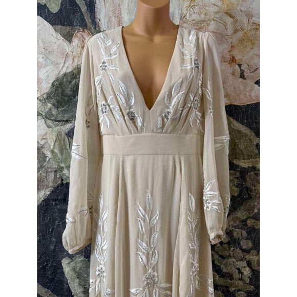 New Anthropologie BHLDN Belize Embroidered A-Line Long-Sleeve V-Neck Gown Sz 12 - Picture 5 of 10